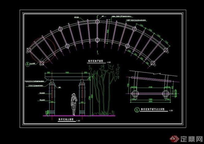 园林景观详细的弧形廊架素材设计cad施工图
